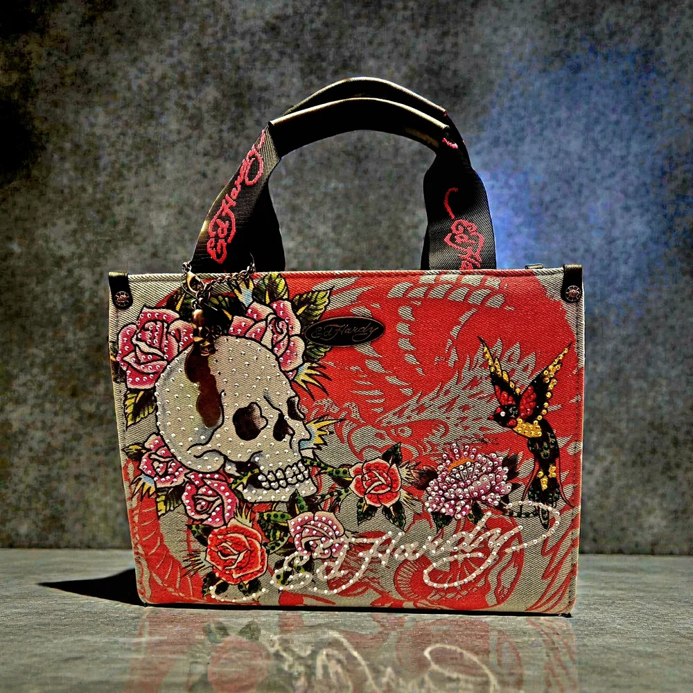 NWT ED HARDY Love Kills Slowly Roses Skull Rhinestone Denim Bag 11"x8.5"x3.5" - Picture 1 of 7